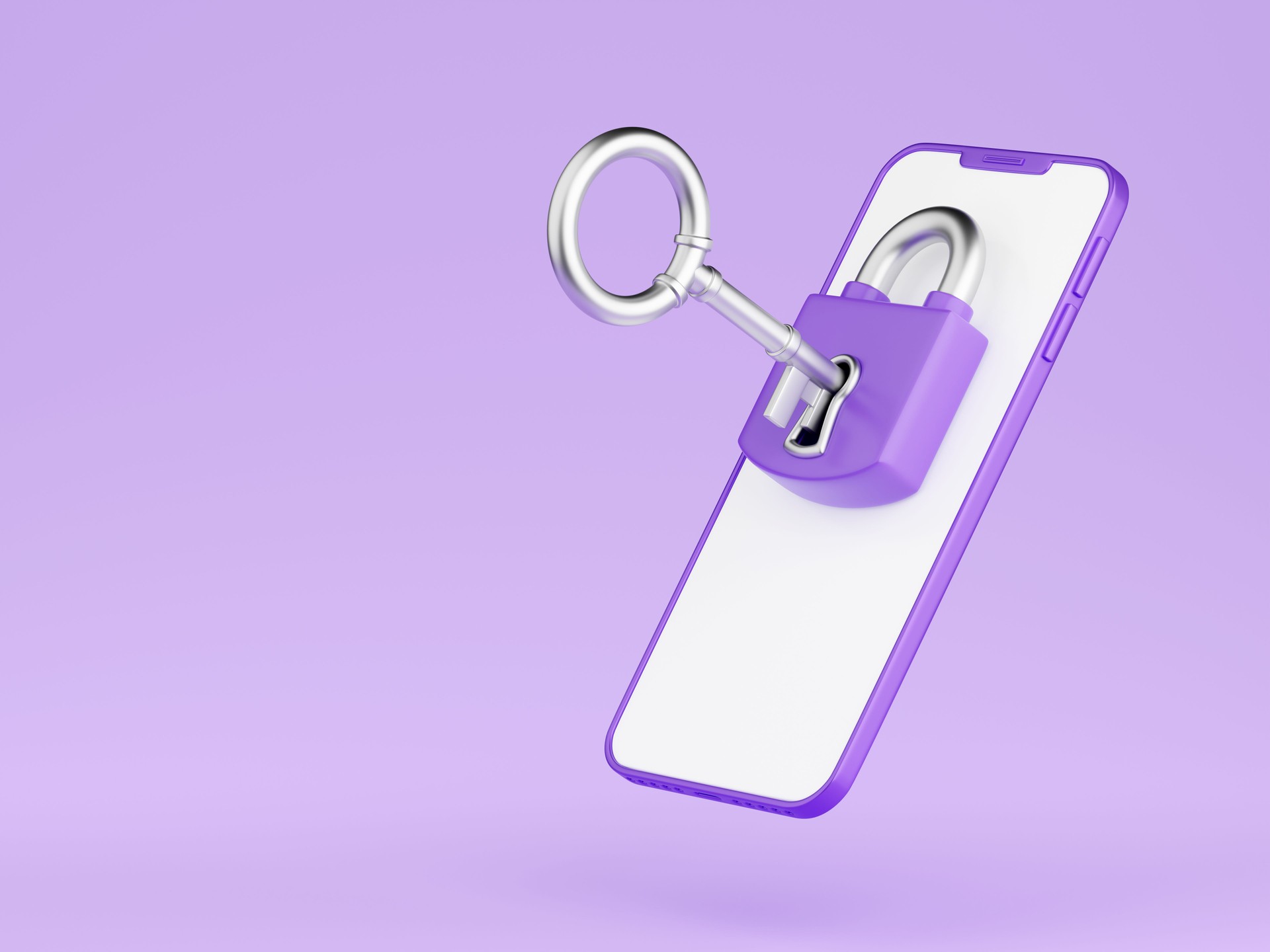 Personal data security 3d render - closed lock with metal key inserted in keyhole on mobile phone screen.