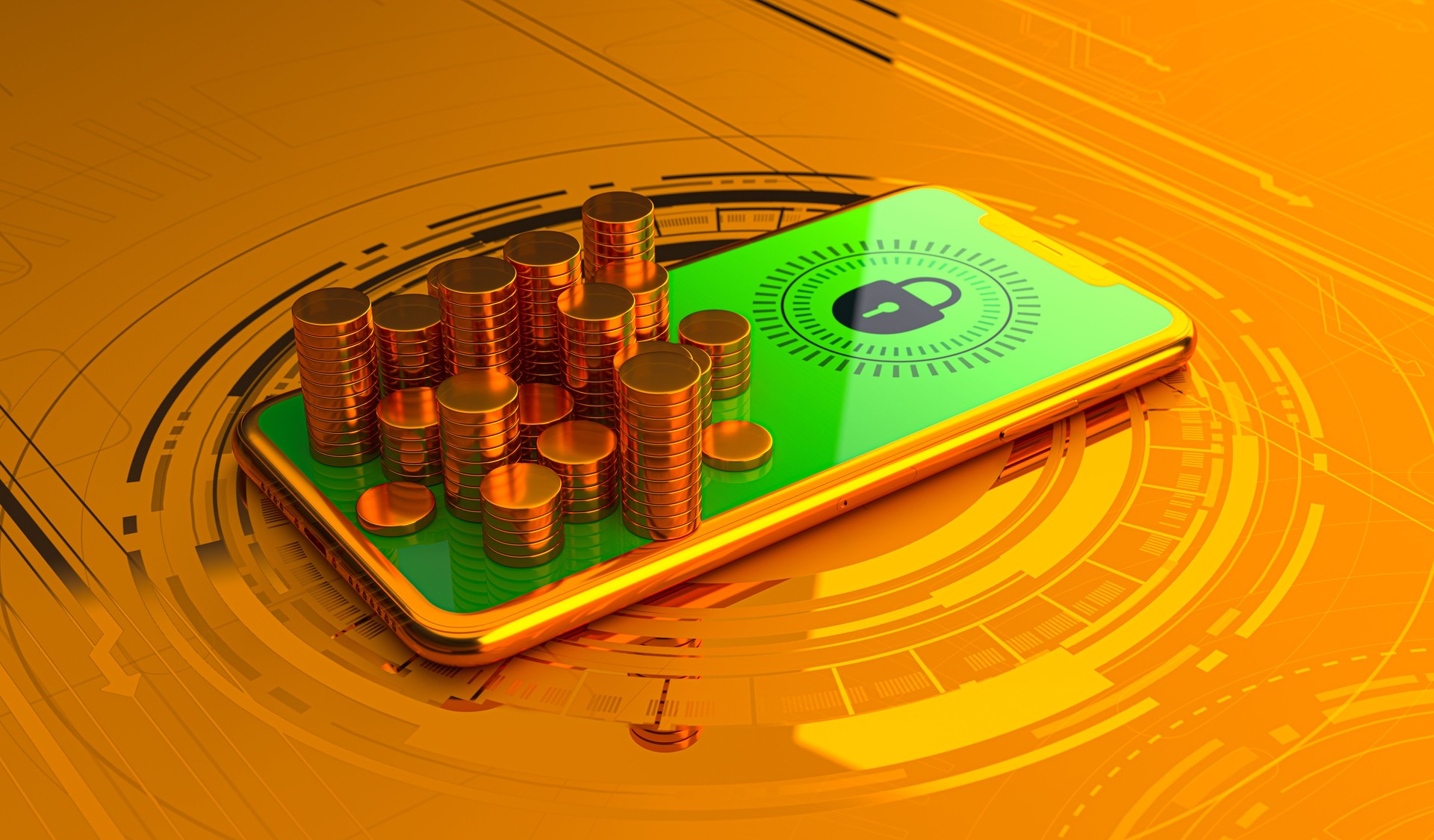 Gold Smartphone with Lock Icon and Coin Stack on Digital Background – Digital Banking Security and Smart Wallet 3D Rendering