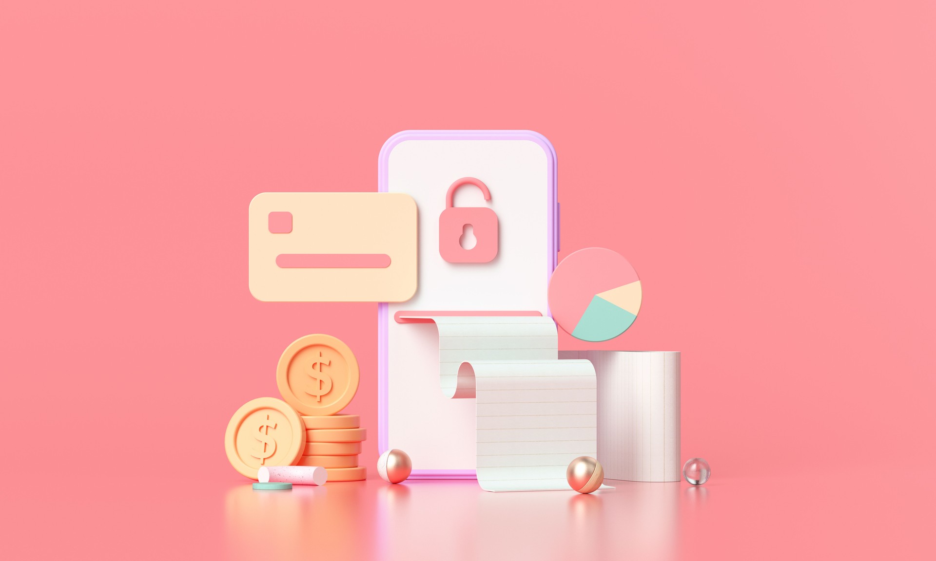 3D rendering payment via credit card concept. Secure online payment transaction with smartphone. Internet banking via credit card on mobile. object floating background.