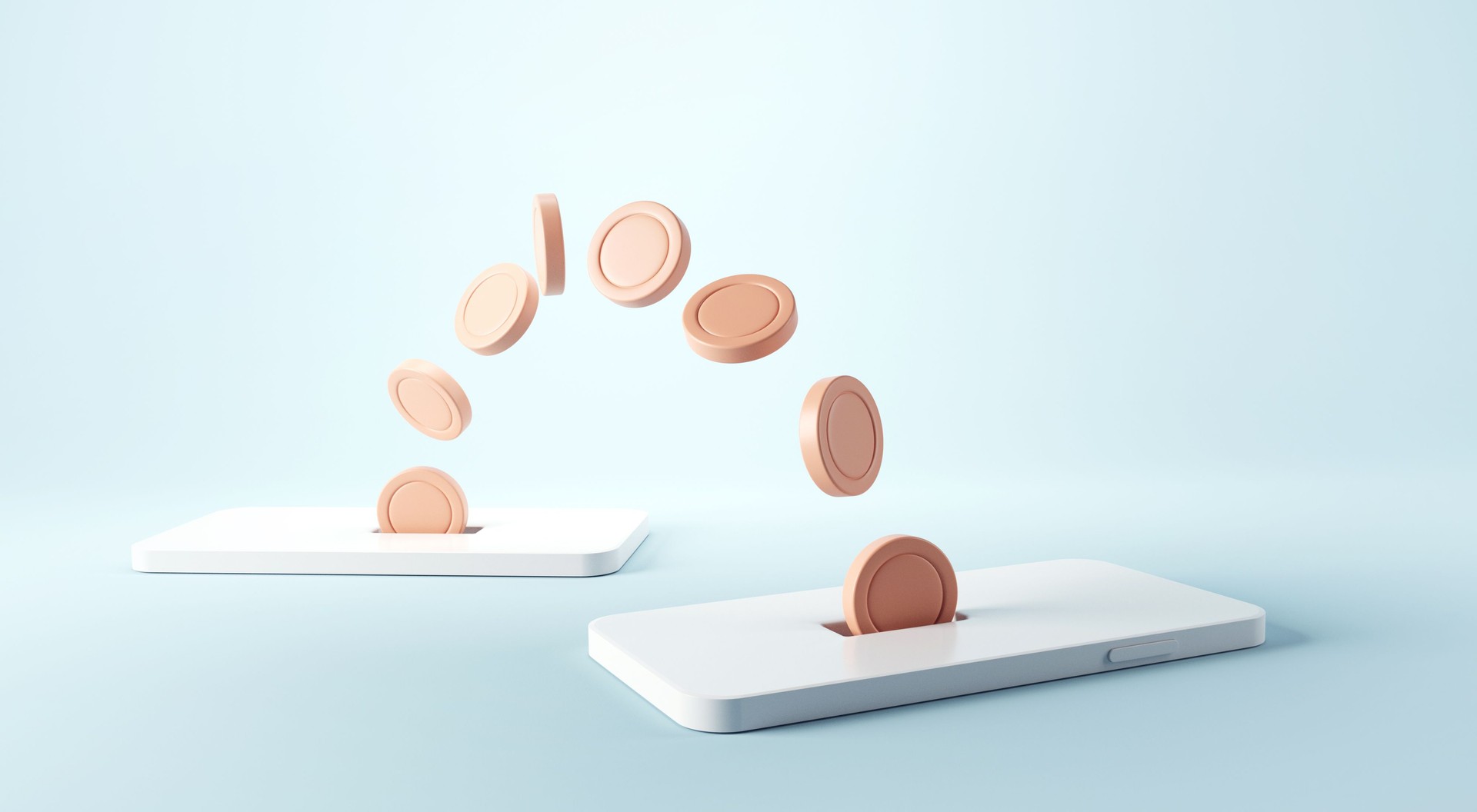 Money transfer on smartphones. Coins moving from one mobile phone to other. Sending and receiving money wirelessly.