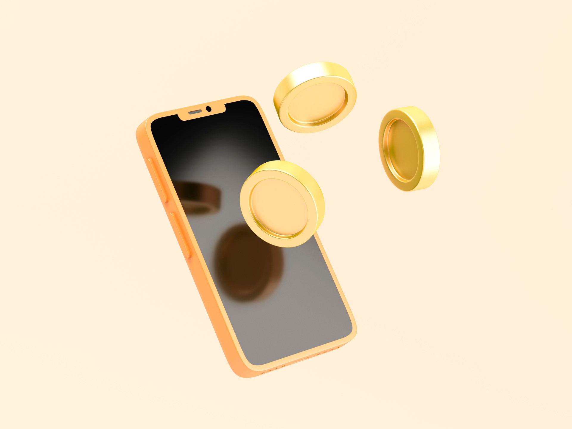 Smartphone with gold coins flying in the air